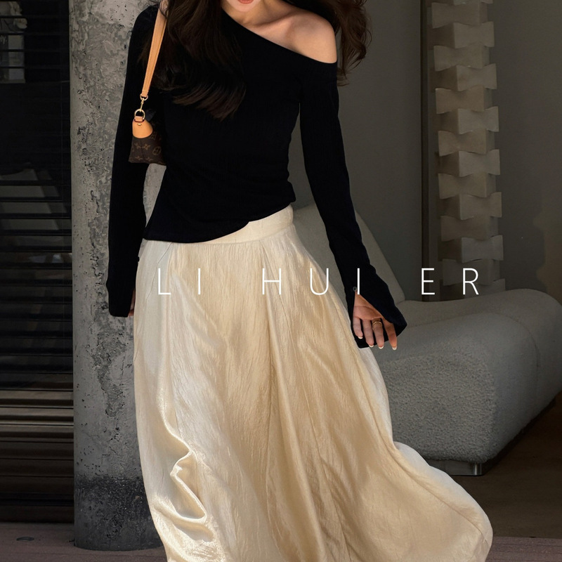 Li Hui'er Roman Heart Summer Acetate Elegant Versatile Black Off-Shoulder Long-Sleeve T-Shirt Li Hui'er Roman Heart Summer Acetate Elegant Versatile Black Off-Shoulder Long-Sleeve T-Shirt