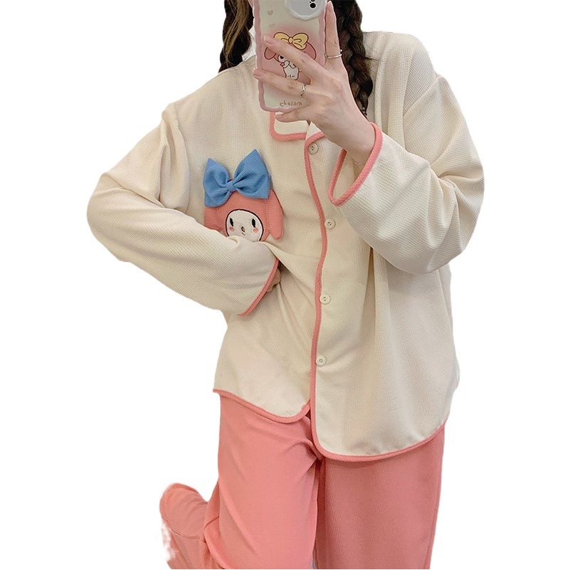 Simple chica pijamas de las mujeres peinado waffle algodón manga larga Otoño e Invierno pequeño solapa cardigan lindo casual Home wear Set