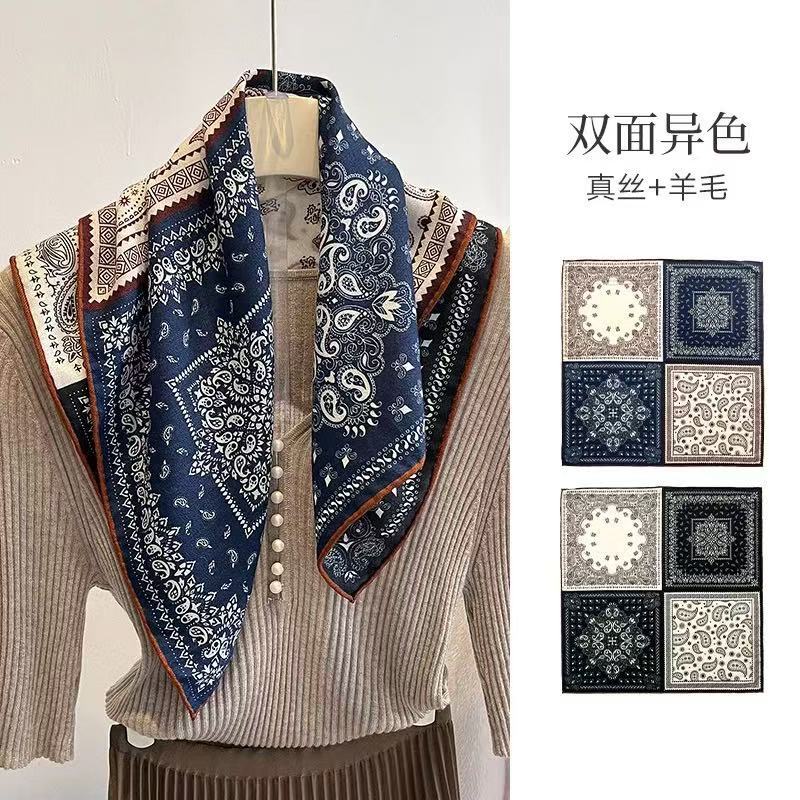 New French Vintage Silk Wool Square Scarf Autumn Winter Stylish Double-Sided Two-Tone Silk Wool Scarf For Women - Thumbnail 7