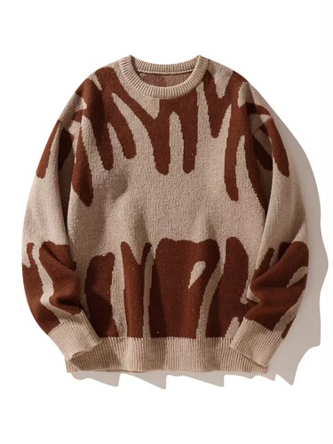 New European and American-style retro loose contrast-color crewneck women's sweater—vintage, laid-back, loose-fitting, trendy, and a hot-selling knit for couples.