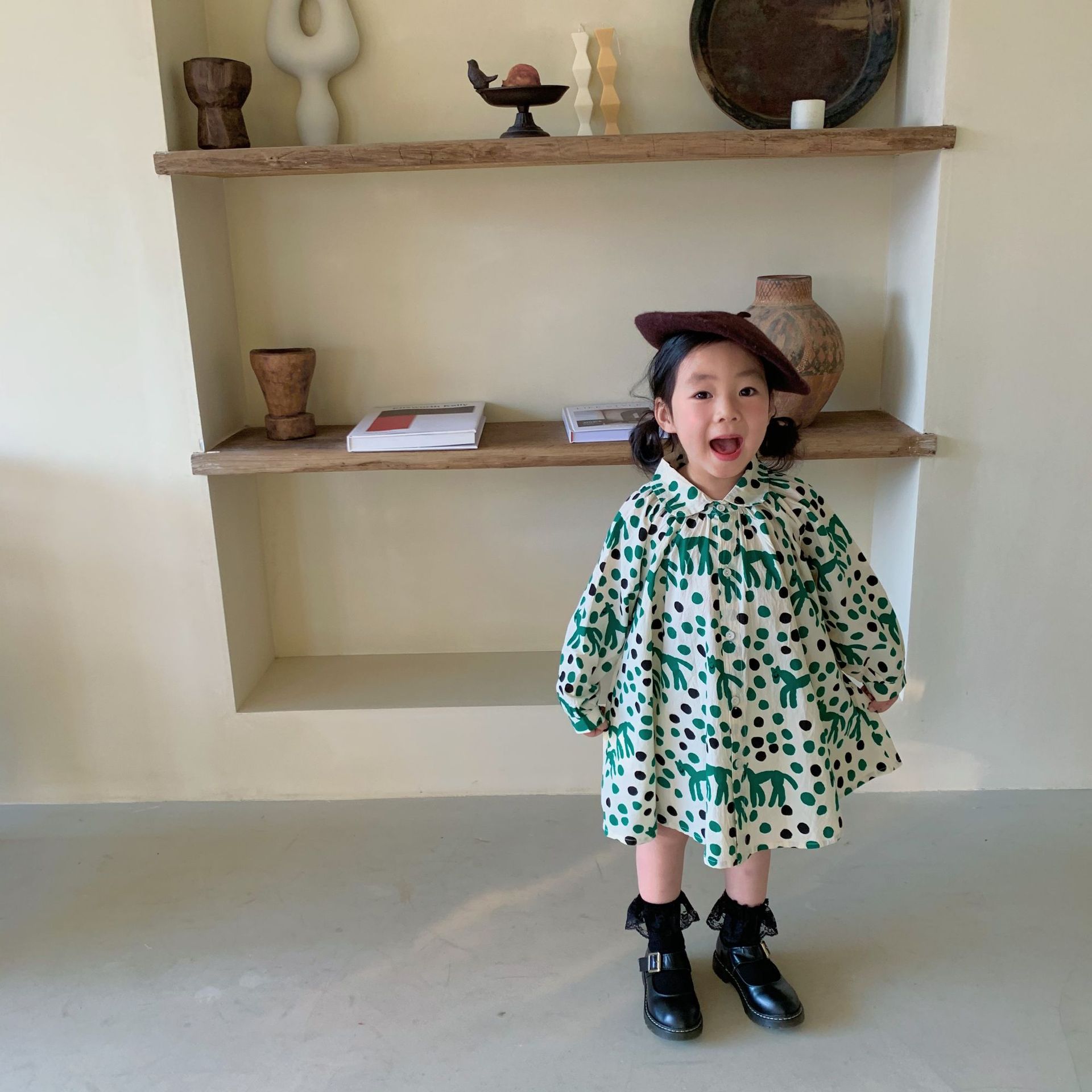 Girls dress 2021 Spring new pattern Shirt dress Korean Edition children Western style green Long sleeve Princess Dress