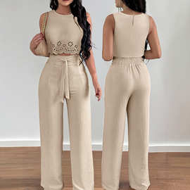 亚马逊镂空纯色圆领无袖宽松上衣系带阔腿裤女装时尚背心长裤套装