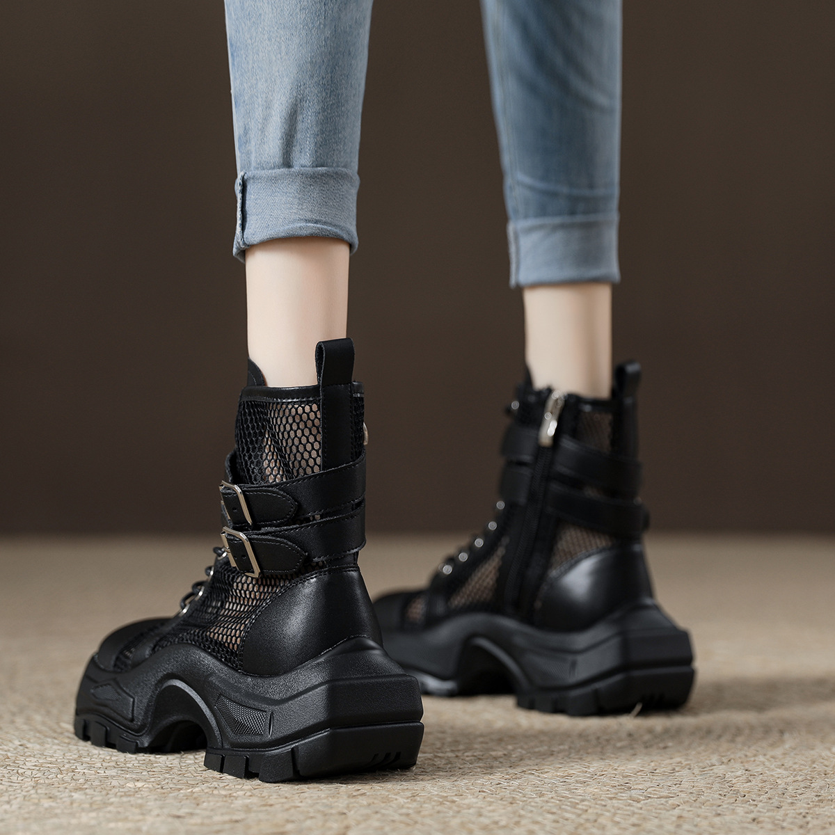 Sports thick-soled Martin boots women's summer thin 2023 new thick-soled mesh hollow breathable boots mesh boots sandals_voghion.com