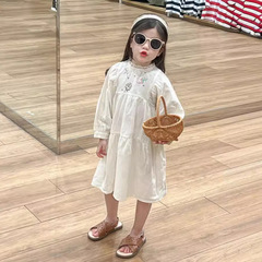 女童連衣裙2024春裝裙子氣質刺繡花朵長袖公主裙女孩甜美純棉童裙