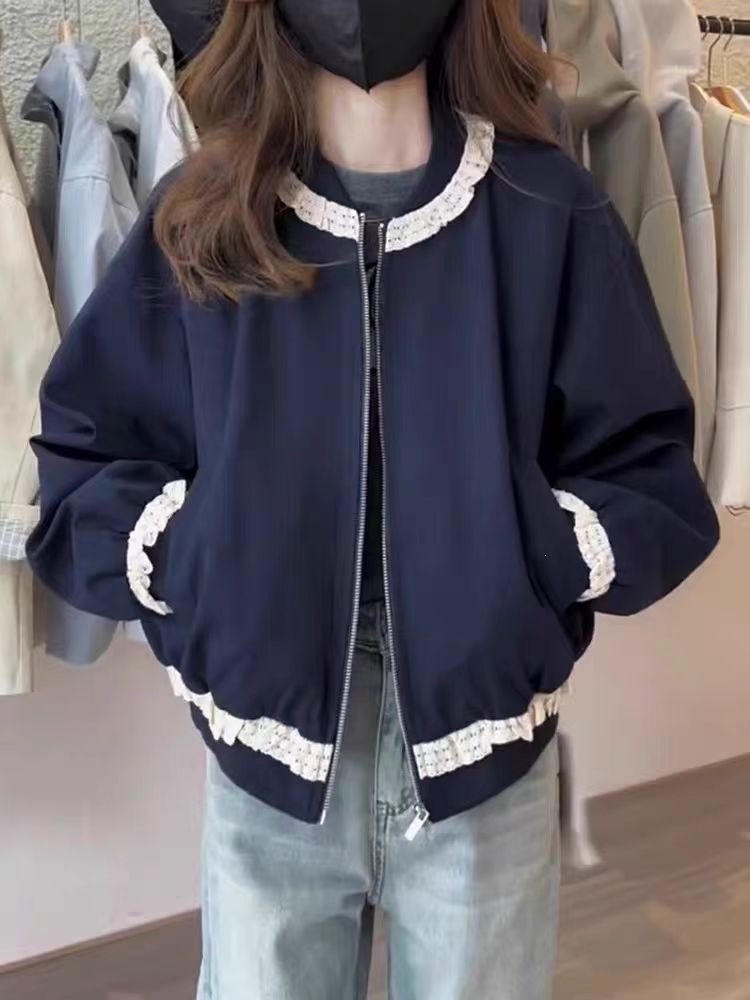 韩系蕾丝花边拼接短外套女春季新款小个子休闲减龄百搭夹克棒球服