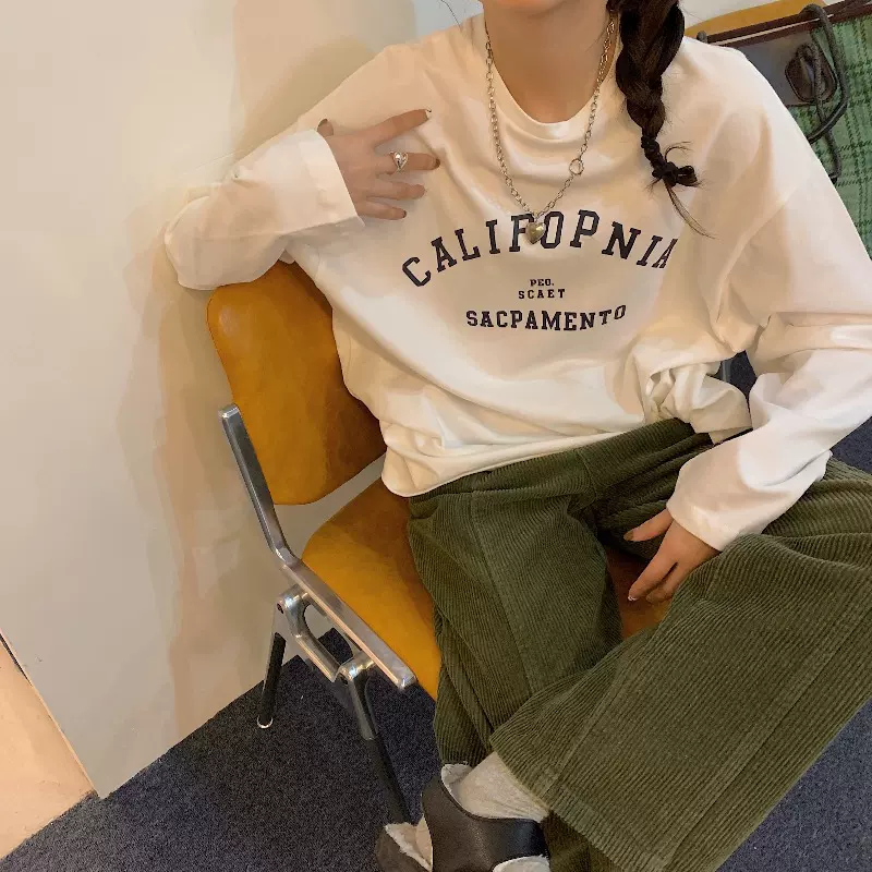 2025春季新款宽松韩版字母印花学生百搭纯棉长袖T恤女打底衫批发