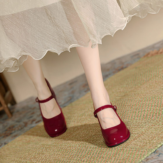 MZ-7 French Mary Jane Shoes Women's Small Size Shoes with Thick Heeled Red Round Toe plus size Fat Feet Wide Feet 41 43 45