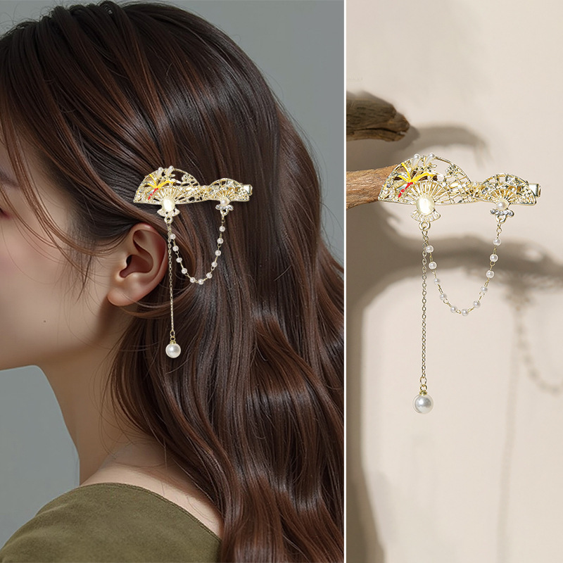 新しい中国風のパールタッセルヘアピン女性のための扇形のバラの花前髪クリップサイドクリップヘアアクセサリーギフトガールフレンドのため|undefined