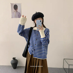 苏珊 2025秋季新款POLO领条纹撞色针织开衫宽松休闲毛衣女27336