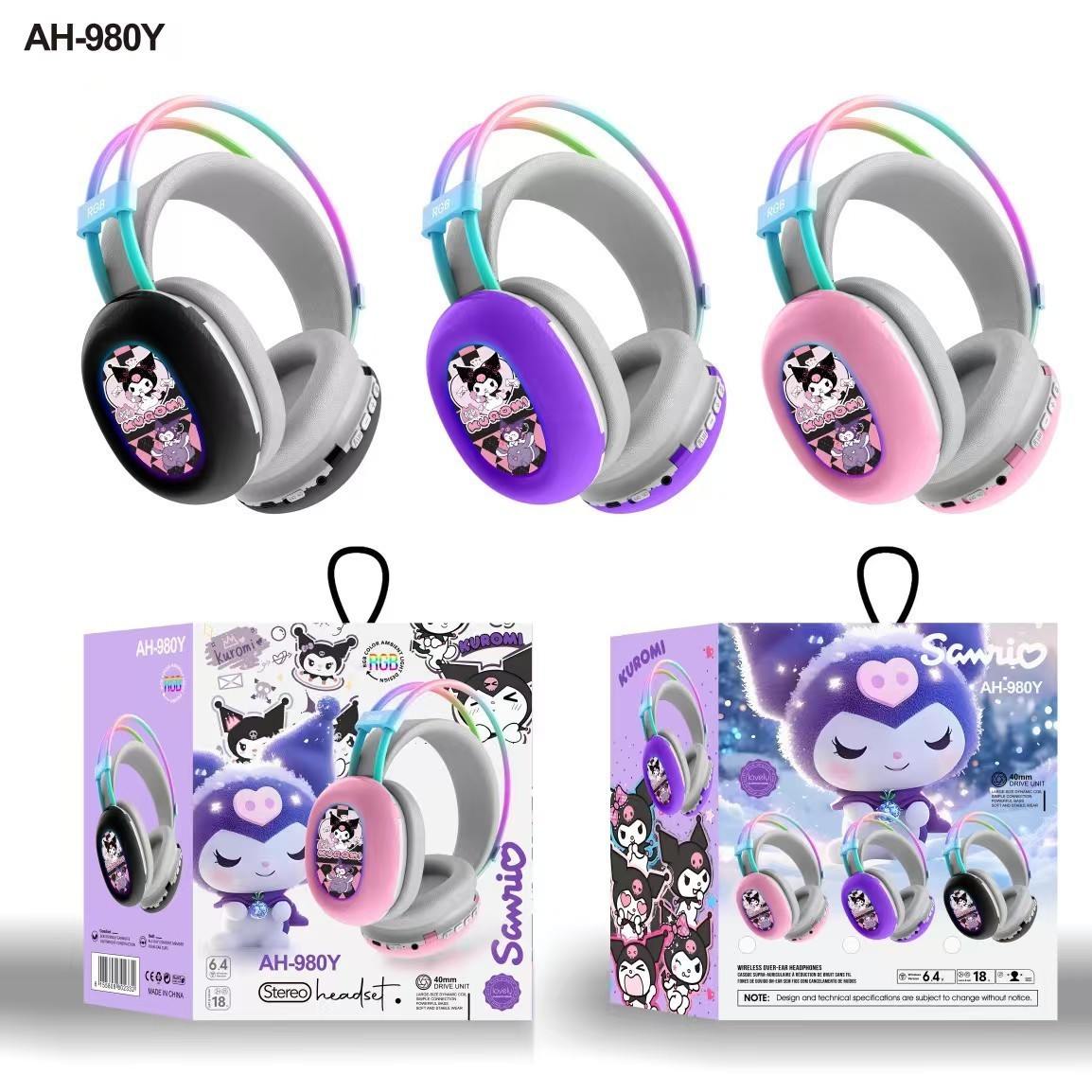 Nuevos productos transfronterizos AH - 980Y dibujos animados creativos Kulomi luz RGB auriculares Bluetooth auriculares para niños estudiantes image 1
