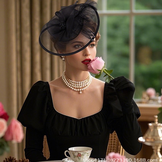 Popular British-style mesh feather hat, elegant vintage banquet headwear, wedding party bridal hair accessory wholesale