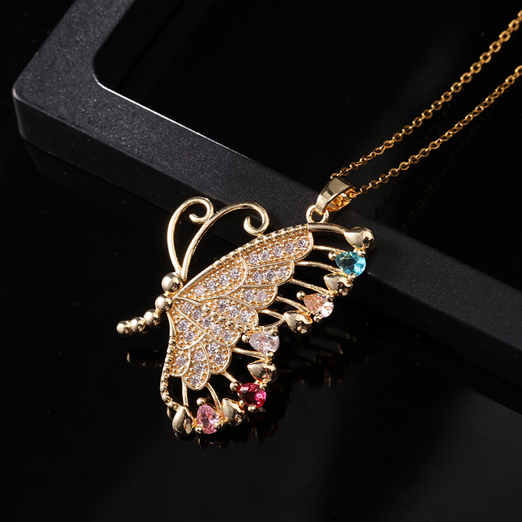Lady Butterfly Copper Plating Inlay Zircon Pendant Necklace 1 Piece