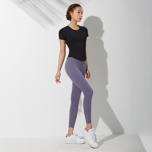 2024 Spring New Swallowtail Yoga Short-Sleeved Feminine Round Neck Sports Top Women's Cross-Stitching Fitness Wear