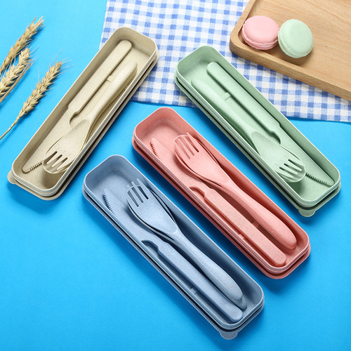 Wheat straw portable cutlery box knife and fork set plastic knife, fork and spoon student travel three-piece set wheat tableware