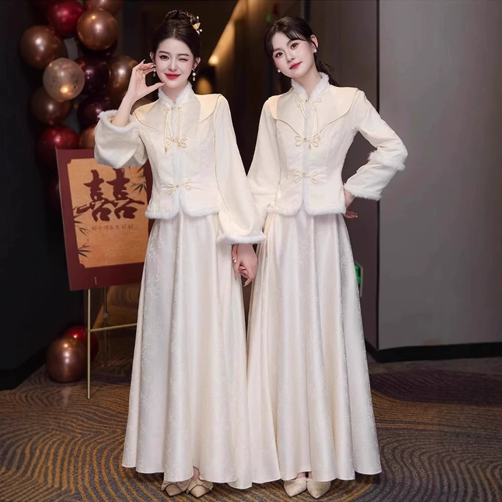 Платья для подружек невесты в китайском стиле для весенних и осенних свадеб, китайское платье-ципао для подружек невесты, национальный стиль, высококачественное платье с длинными рукавами, можно носить повседневно.