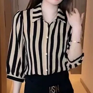 夏季薄款条纹POLO衫时尚宽松显瘦大码女装韩版新款七分袖衬衫上衣