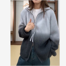 设计感扎染针织开衫女秋冬季新款慵懒风立领双拉链宽松毛衣外套潮