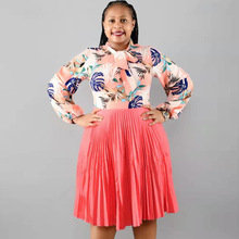 非洲大码女装春夏季新款圆领蝴蝶结长袖印花百褶连衣裙女一件代发