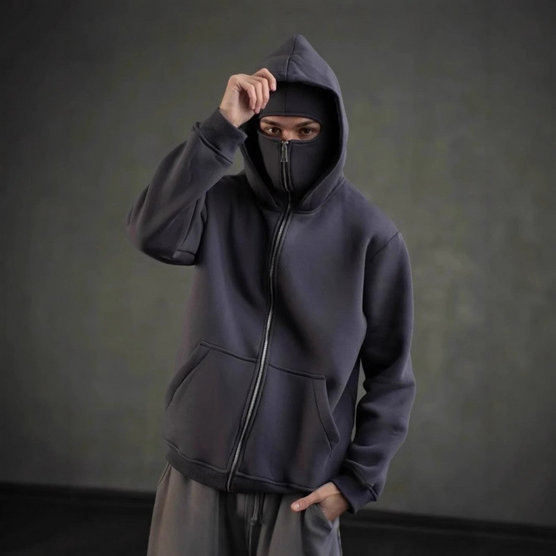 DIY Plain Hoodie for Spring and Autumn, Trendy Brand Men's Fleece-Lined Zip-Up Hoodie with Double-Layer Hood Design