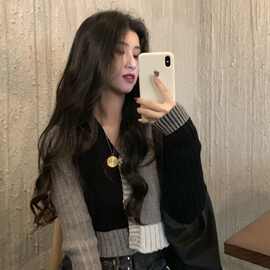 针织衫短款外套秋季上衣新款女洋气韩版拼色V领毛衣小开衫
