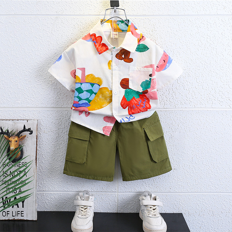 7152 Traje de verano para niños 2025 Nueva camisa coreana para niños de estilo occidental Pantalones cortos de manga corta de verano Traje de dos piezas