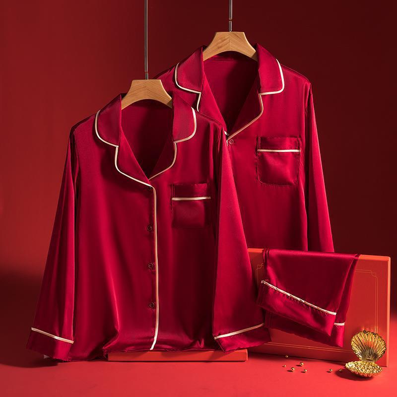 Pajamas Wedding Newlywed Couple Suit High-grade Silk Family Year Bride and Groom Accompanying Red Spring and Autumn Home Clothes