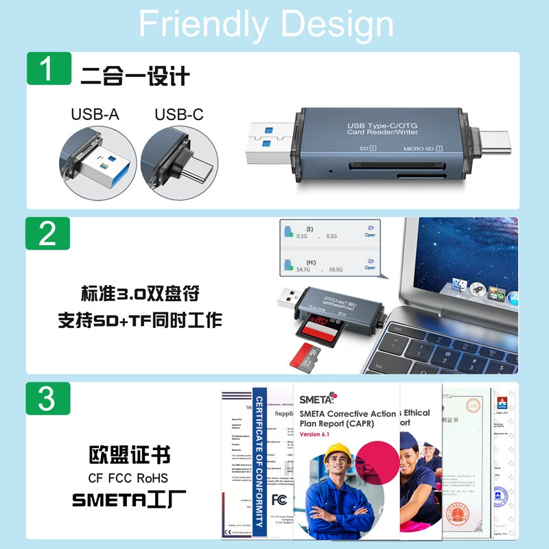 Кард-ридер USB 3.0 для чтения карт TF SD высокоскоростной многоформатный мини Type-C двойной дисковидный кард-ридер OTG