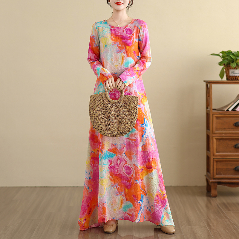 Autumn New Foreign Trade Dress, Round Neck Floral Loose Lazy Dress, Minimalist Long-Sleeve Maxi Dress, Vacation Style