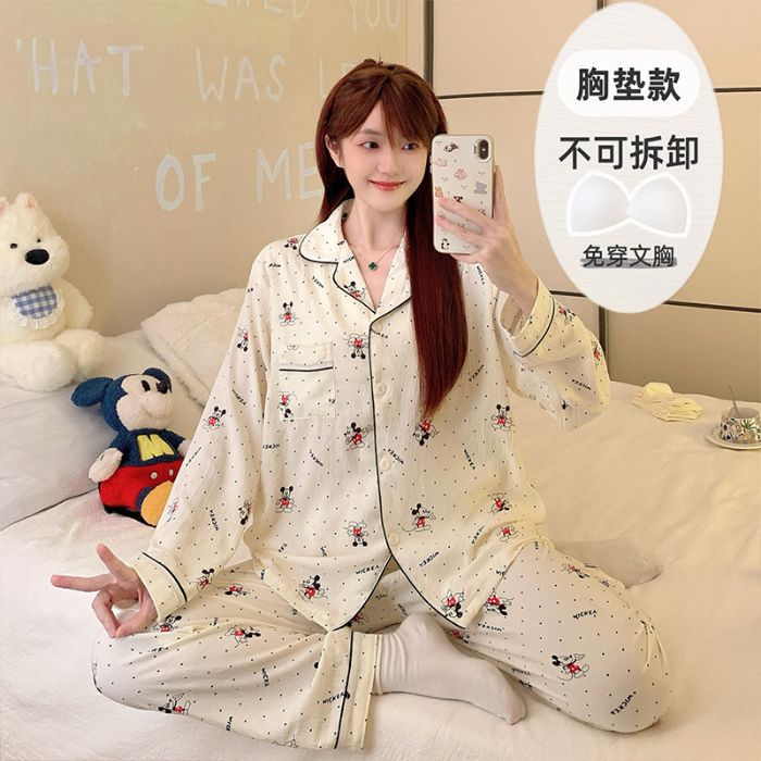 Al por mayor transfronterizo de otoño pantalones de manga larga pijamas casuales de mujer con cojín de pecho cardigan cómodo algodón nubes ropa para el hogar encantadora