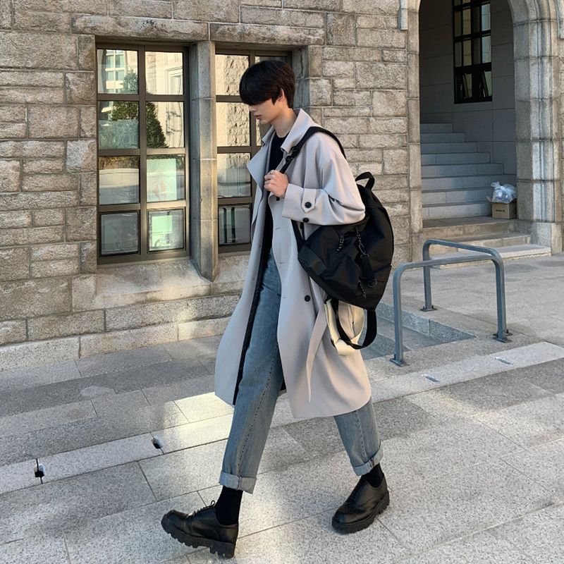 韩系风衣男士外套秋冬季双排扣过膝英伦大衣中长款宽松痞帅感