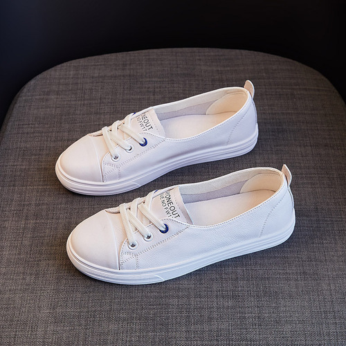 First-layer cowhide shallow mouth genuine leather white shoes breathable  new style slip-on flat shoes modern style nurse shoes