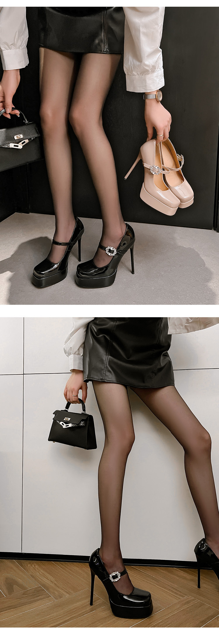 Giày cao gót Mary Jane mũi vuông quai ngang một khóa, gót nhọn 9 cm, đế platform, phong cách lễ tân dẫn chương trình — Trần truồng hồng, màu đen chi tiết 16