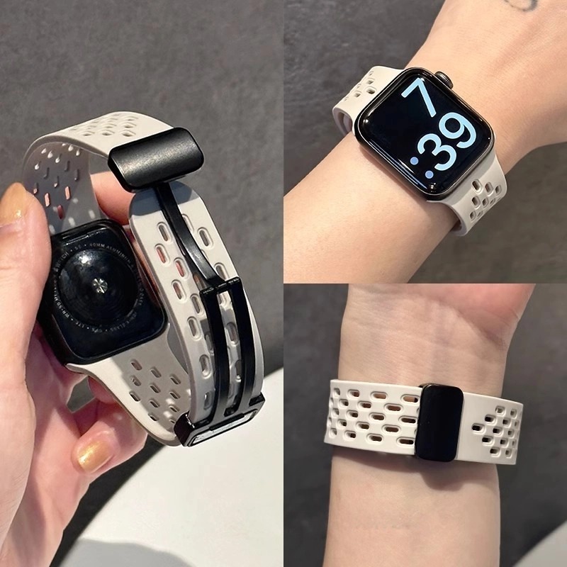 Suitable for Apple's New Hole Silicone Magnetic Buckle iWatch Strap Summer 7 Breathable 8Applewatch Men and Women