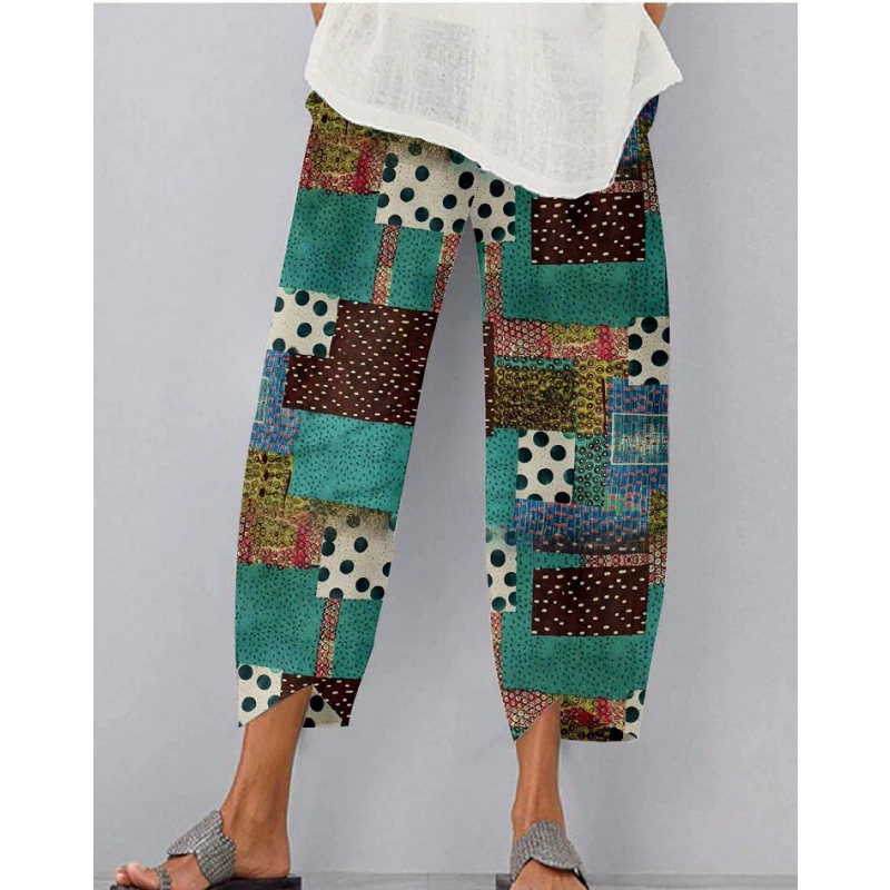 Трансграничные женские модные свободные брюки с асимметричным рисунком и эластичной талией с карманом для внешней торговли 2020 года 8882