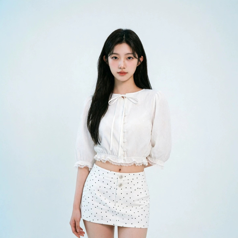 White Water Girl E Round Neck Vintage Girl Bubble Shirt Women's Summer Patchwork Hollow Lace Pure Desire Top White Water Girl E Round Neck Vintage Girl Bubble Shirt Women's Summer Patchwork Hollow Lace Pure Desire Top