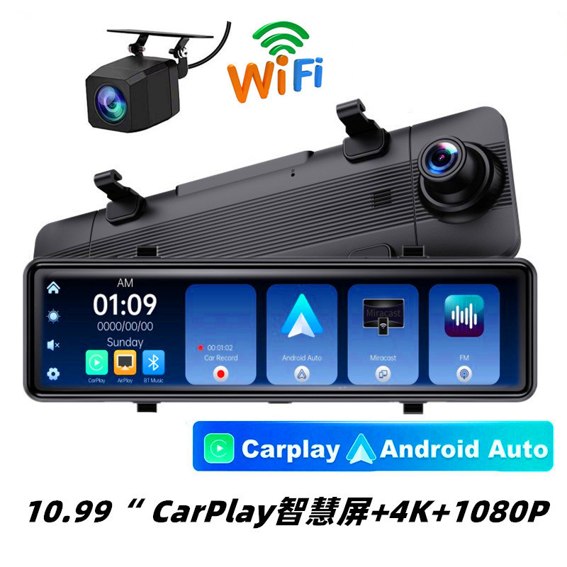 Cross-Border Screen-Mirroring Dash Cam Streaming Media Rearview Mirror 4K High-Definition Night Vision Carplay Bluetooth Front and Rear Dual Recording
