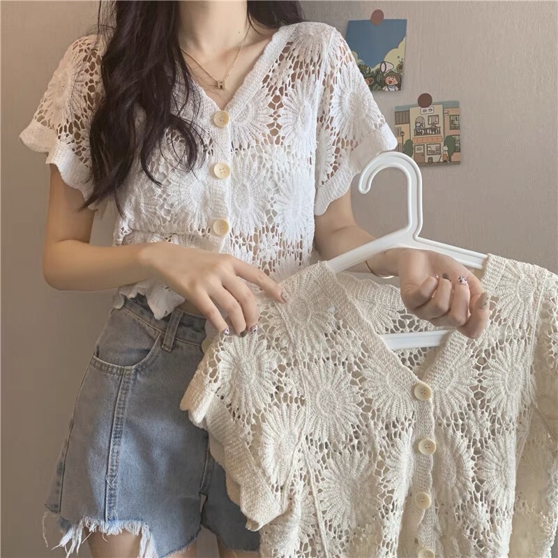 2025 New Summer Style Lace Short-Sleeved Fashionable Design Niche Tops Women's Knitted Cardigans