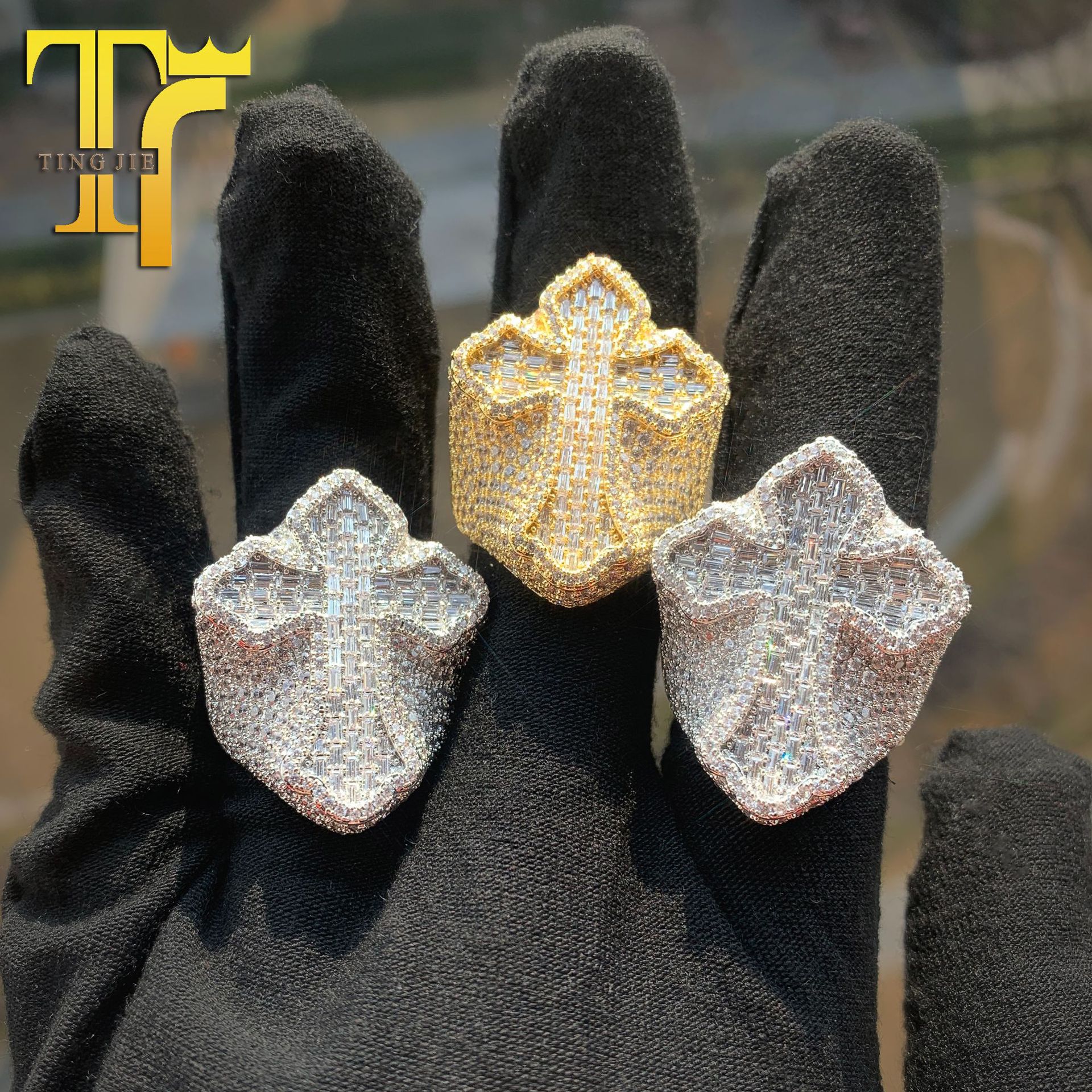 Europe and the United States cross-border hip-hop explosions zircon cross ring personality jewelry accessories trend men's ring wholesale