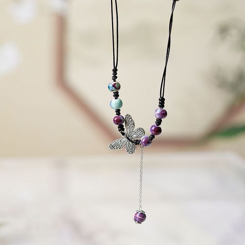 Literary ethnic style imperial concubine butterfly ceramic long sweater chain women's antique style pendant retro Chinese style butterfly necklace