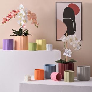 Morandi Ceramic Flowerpot Simple Straight Stripesd Round Matte Home Succulent with Tray One Piece Discount Drop Shipping