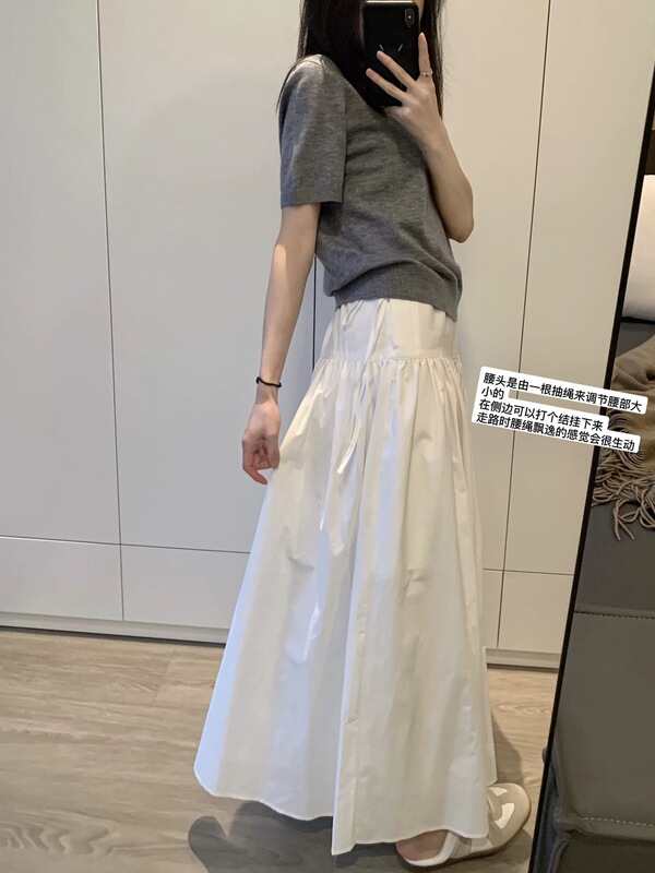 t藏肉主义 白色半身裙女夏设计感高腰抽绳中长款A字裙子|undefined