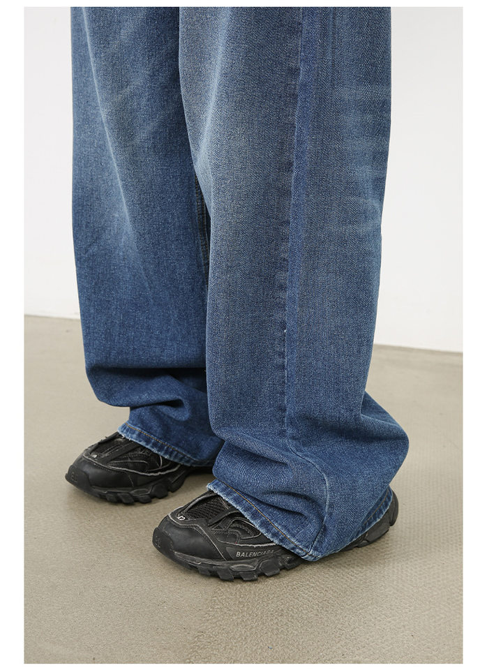 Quần jean nam ống rộng cạp vừa phong cách Hàn, denim cotton pha, form suông thoải mái — Màu đen, Xanh lam cổ điển, Xanh lam nhạt, Xanh lam đậm chi tiết 15