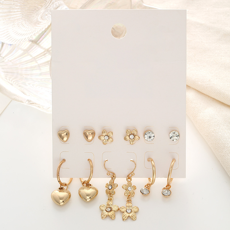 earring亚马逊耳环套装 c型圈 桃心花朵长款个性简约组合耳钉跨境