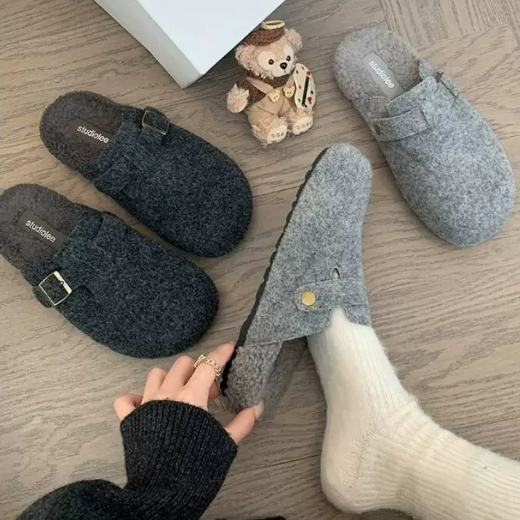 毛呢版复古森系圆头丑萌博博半拖鞋子女平底加绒保暖黑灰色毛毛鞋