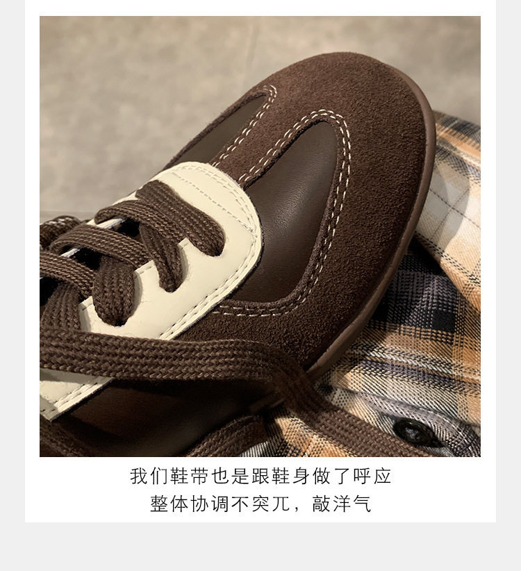 Giày sneaker nữ da bò phối màu mũi tròn dây buộc tăng chiều cao — Màu trắng nhạt, màu sô cô la, màu vàng, màu đen chi tiết 14