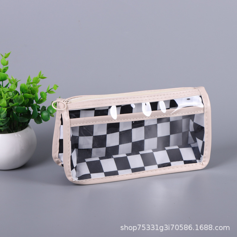 Caja de lápiz transparente de rejilla de tablero al por mayor coreano ins japonés caja de lápiz de gran capacidad caja de lápiz transparente PVC estilo simple