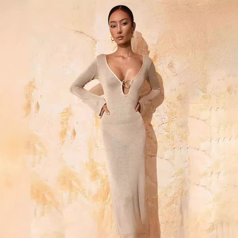 European and American V Neck Sexy Long Knitted Dress Ring Backless Long-Sleeved Cross-Border Amazon Sweater Dress in Stock