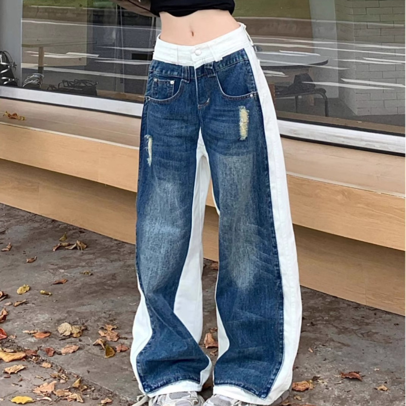 American High Street Style Plus-Size Washed Vintage Double-Layer Color-Blocked Patchwork Jeans for Men and Women, Loose Fit, Slimming, Drapey Wide-Leg Pants