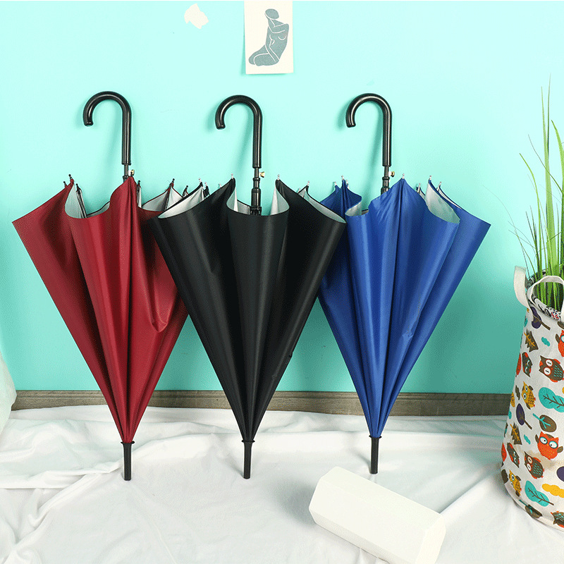 Umbrella wholesale business straight pole curved handle automatic umbrella silver plastic sunscreen parasol for men and women sunny umbrella advertising gift umbrella