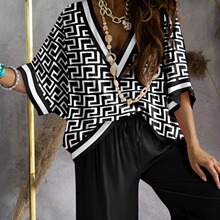 欧美外贸跨境新品女装2022亚马逊定位印花蝙蝠袖上衣加阔腿裤套装